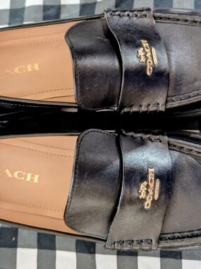 Coach Black Leather Women's Penny Loafers with Gold Logo